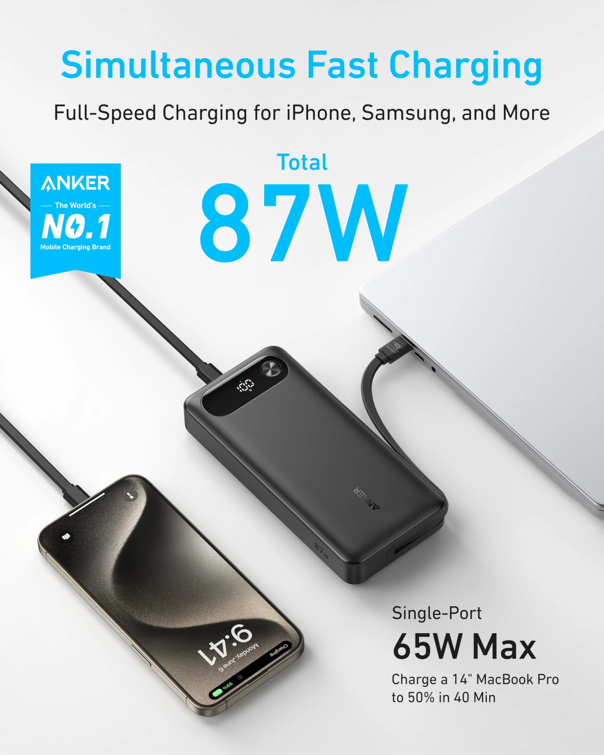 Anker Powerbank (20K, 87W, Integriertes USB-C Kabel) - Image 2
