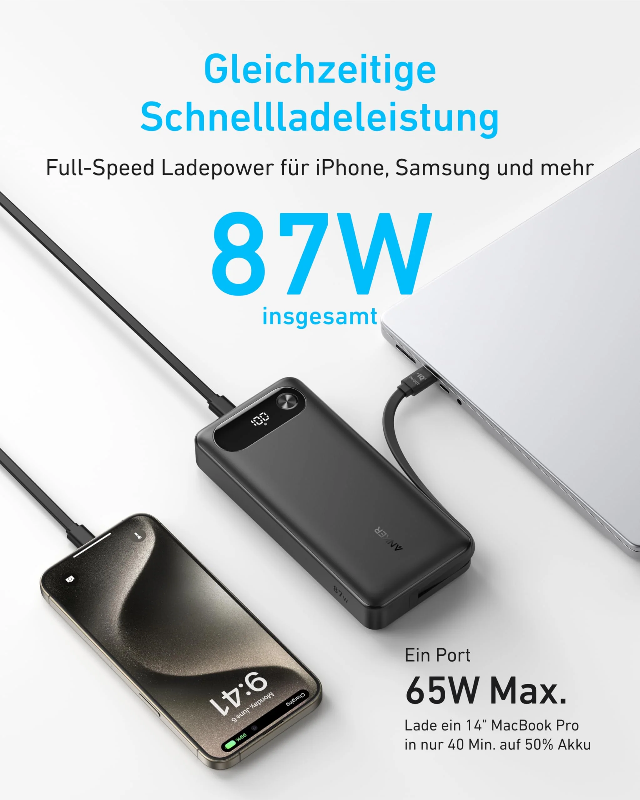 Anker Powerbank (20K, 87W, Integriertes USB-C Kabel) - Image 8