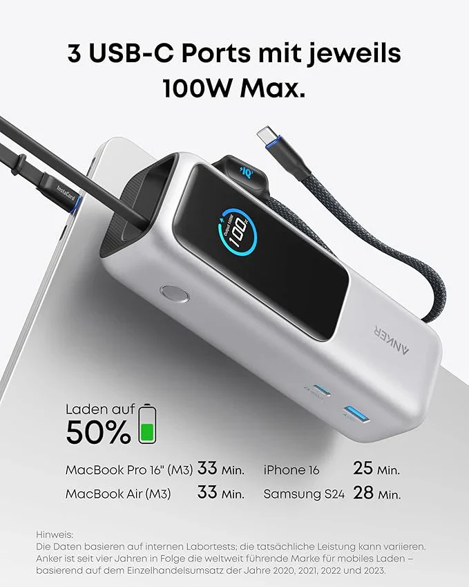 Anker Powerbank (25K, 165W, Integriertes + einziehbares Kabel) - Image 2